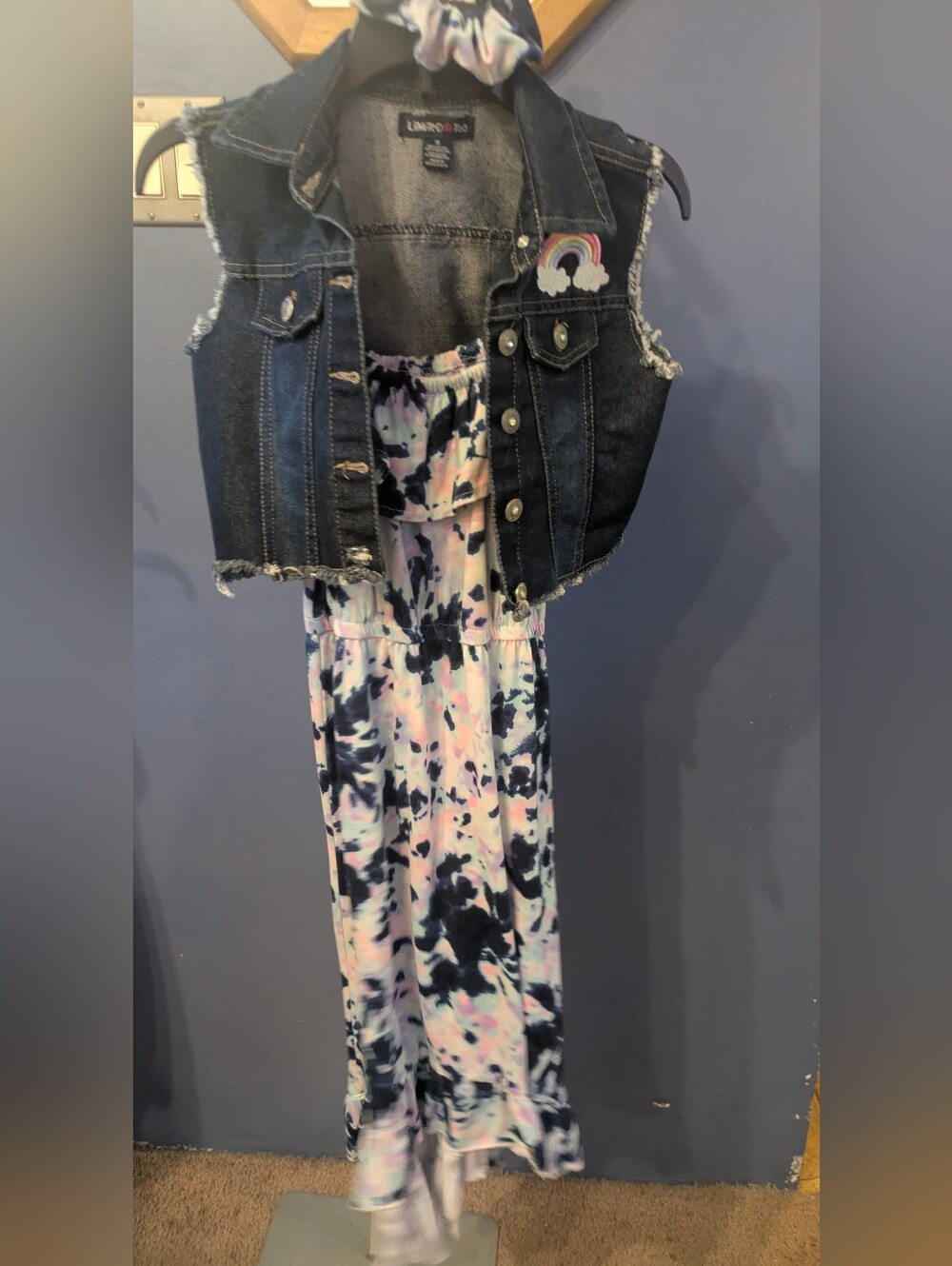 Girls Sz 10 Limited Too 3pc Tie-Dye Hi Low Long Sundress,Denim Vest, Hair Tie